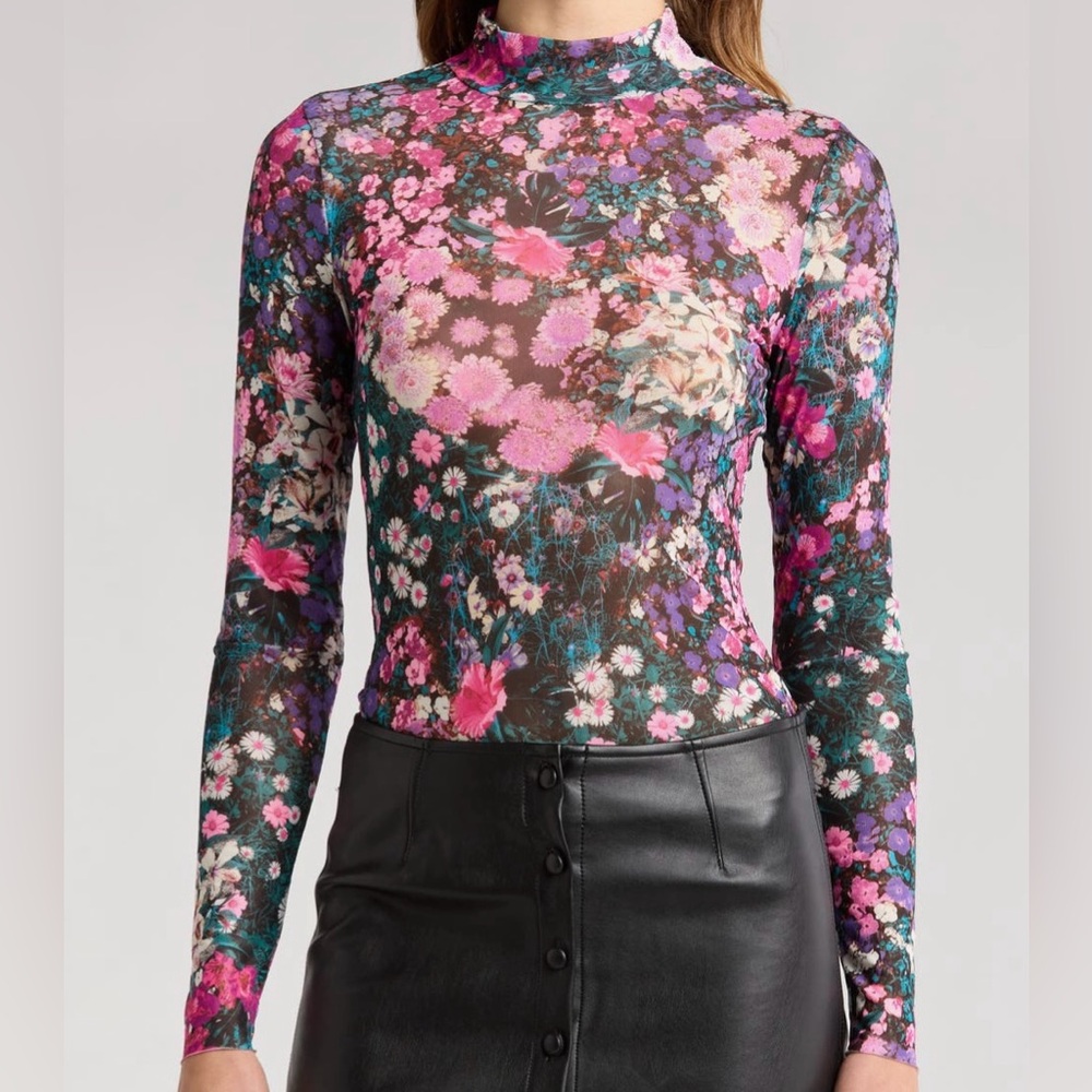 AFRM Floral Mesh Mock Neck in Pink Floral